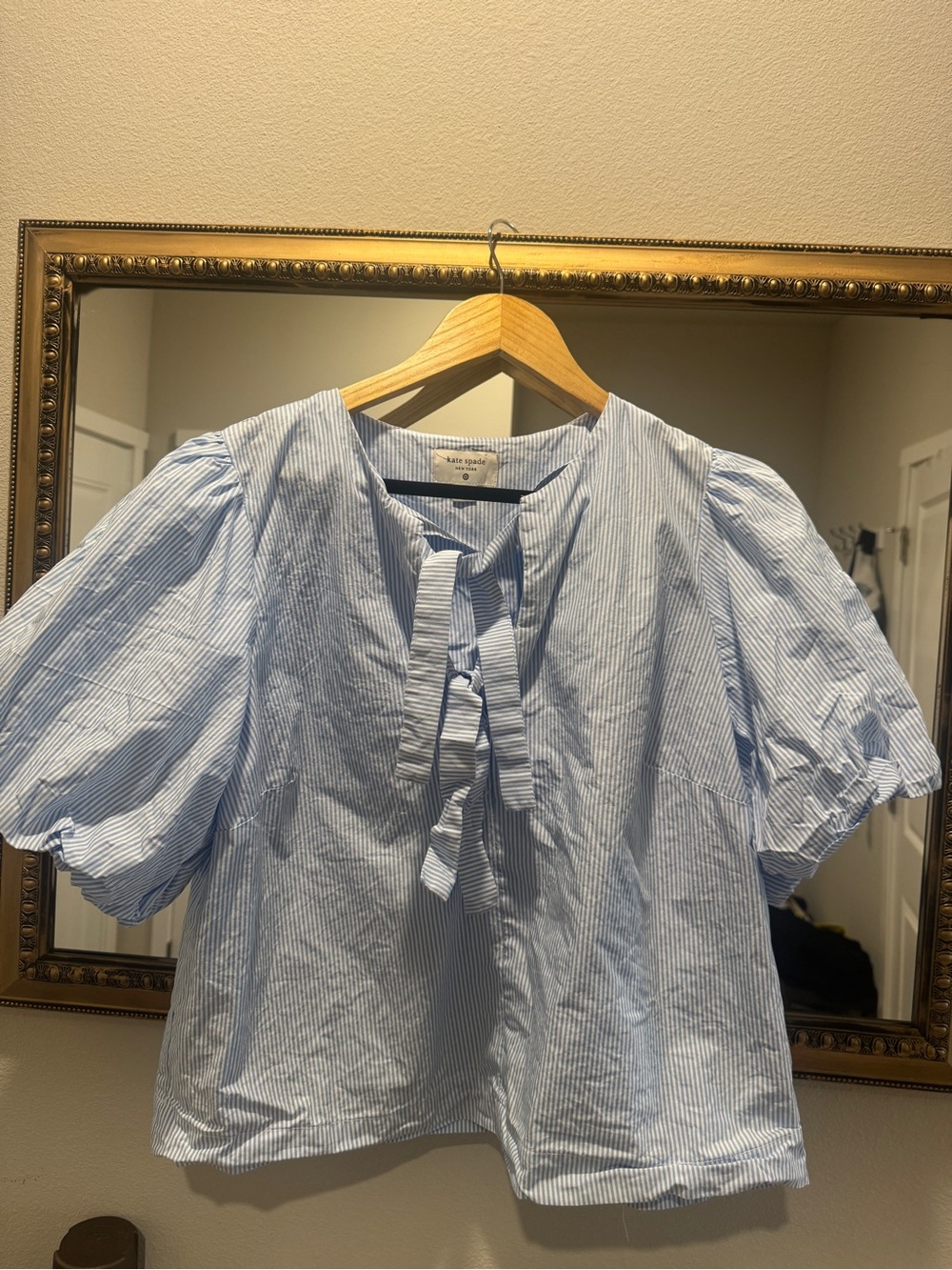 kate spade Light Blue and White Striped Tie-Neck Puff Sleeve Blouse